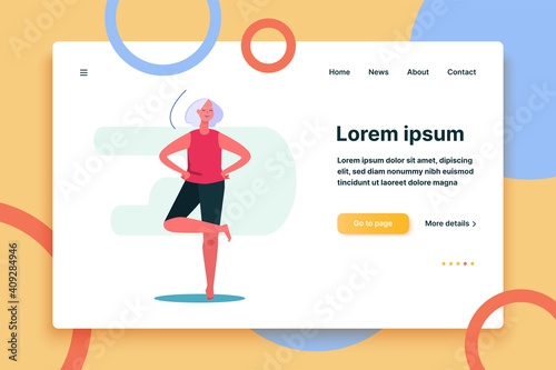 Cheerful barefooted woman practicing yoga. Senior woman with closed eyes standing in tree pose flat vector illustration. Dancing concept for banner, website design or landing web page