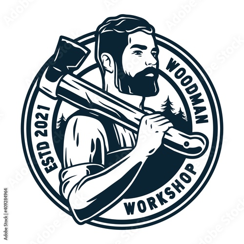 Silhouette of carpenter or axeman. Woodworker and logger with axe in his hands. Monochrome logo of beardeded lumberjack