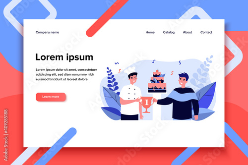 Chef winning dessert competition. Cook getting winner cup for cake, celebrating victory flat vector illustration. Cooking, pastry, prize concept for banner, website design or landing web page