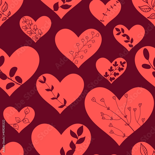 Seamless pattern with cute hand drawn hearts with pretty floral elements. Elegant Valentines Day vector background for package, wrapping paper, banner, print, card, gift, fabric, advertising, textile.