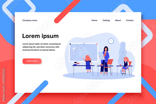 Cartoon kids learning in classroom and painting. Teacher, children, school flat vector illustration. Education and study concept for banner, website design or landing web page