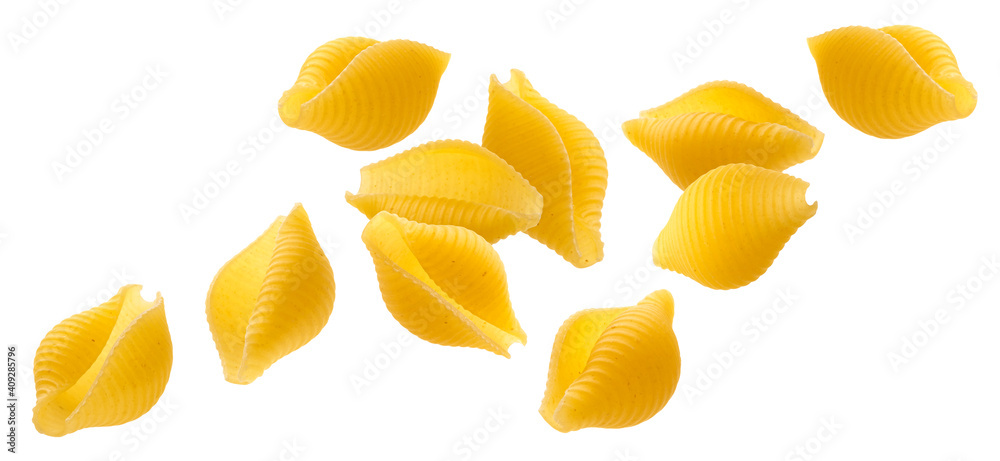 Falling striped shell pasta isolated on white background Falling striped shell pasta isolated on white background