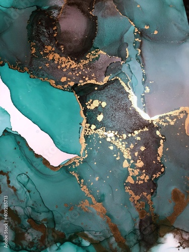 Ink fluid art. Green and gold abstract texture. 