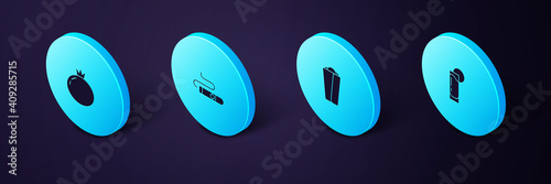 Set Isometric Tequila glass with lemon, Burrito, Cigar and Tomato icon. Vector.