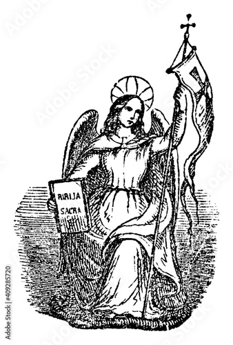 Angel holding flag and holy bible. Antique vector vintage christian religious engraving or drawing illustration.