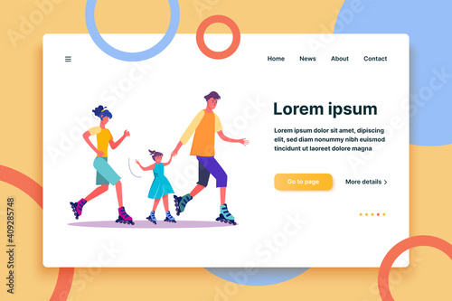 Family skating rollers. Family weekend leisure and sport spare time flat vector illustration. Leisure concept for banner, website design or landing web page