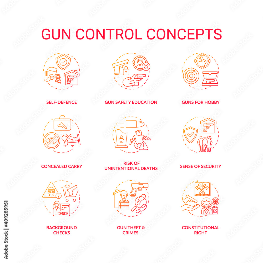 Gun control red gradient concept icons set. Self defense. Safety education. Concealed carry. Firearm regulation idea thin line RGB color illustrations. Vector isolated outline drawings