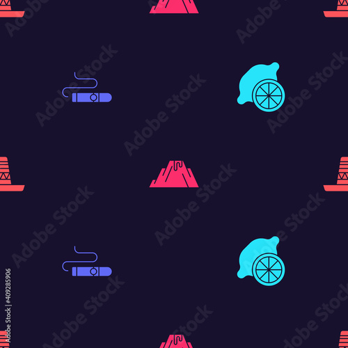 Set Lemon, Cigar, Volcano eruption with lava and Mexican sombrero on seamless pattern. Vector.