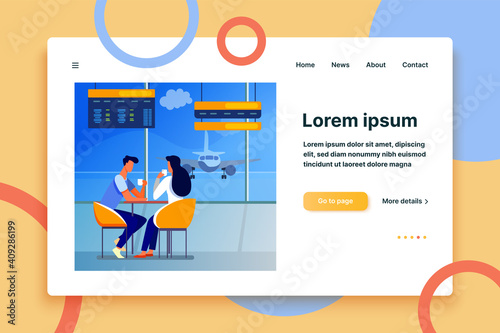 Couple of tourists drinking coffee in airport. Man and woman waiting boarding flat vector illustration. Travel, aviation concept for banner, website design or landing web page
