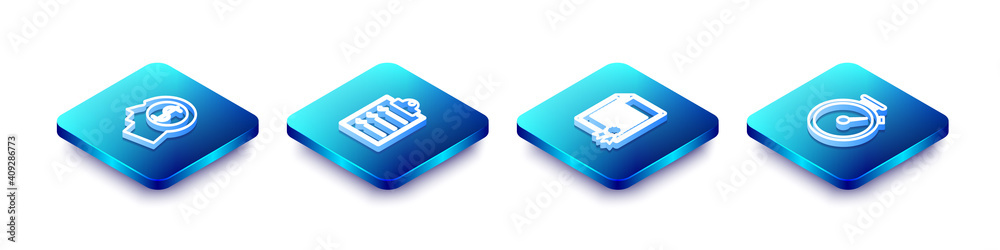 Set Isometric line Business man planning mind, Clipboard with checklist, Certificate template and Stopwatch icon. Vector. Set Isometric line Business man planning mind, Clipboard with checklist, Certificate template and Stopwatch icon. Vector.