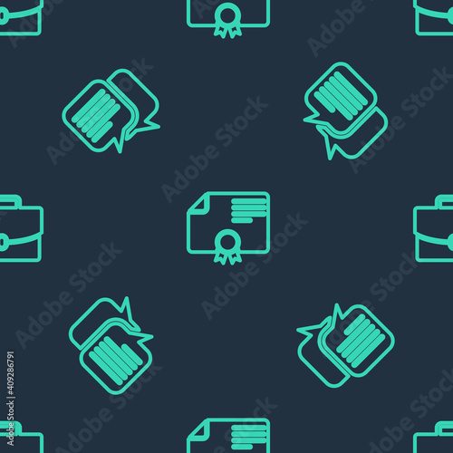 Set line Certificate template, Chat and Briefcase on seamless pattern. Vector.