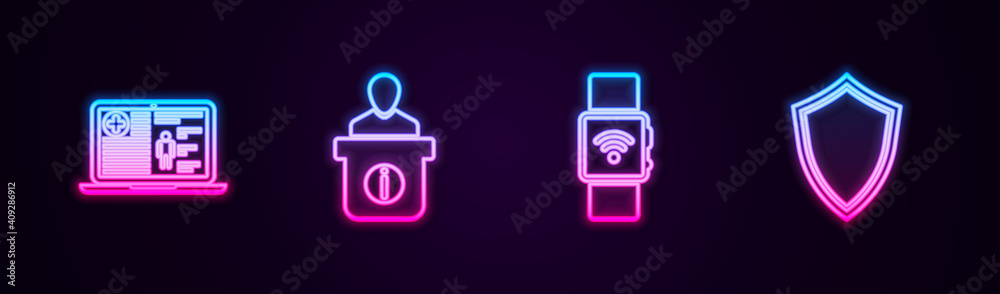 Set line Medical clinical record, Information desk, Smartwatch with wireless and Shield. Glowing neon icon. Vector. Set line Medical clinical record, Information desk, Smartwatch with wireless and Shield. Glowing neon icon. Vector.