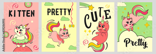 Unicorn cat posters set. Funny cartoon baby kitten with rainbow horn and tail on clouds vector illustrations with text. Fairytale, magic animal, imaginary concept for flyers and brochures design