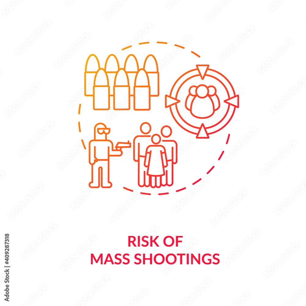 Risk of mass shooting red gradient concept icon. Terrorist with firearm. Life threat. Public assault. Gun violence idea thin line illustration. Vector isolated outline RGB color drawing Risk of mass shooting red gradient concept icon. Terrorist with firearm. Life threat. Public assault. Gun violence idea thin line illustration. Vector isolated outline RGB color drawing