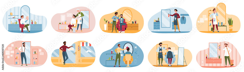 Big hair salon set with cartoon diverse human characters of hairdressers and their clients or customer with pieces of furniture. Flat cartoon vector illustrations isolated on white background.