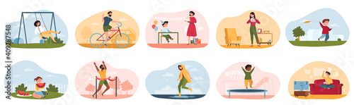 Summer outdoor and indoor recreation. Fictional characters swinging on swing, walking in rain, jumping on trampoline and so on. Set of cartoon flat vector illustrations isolated on white background.