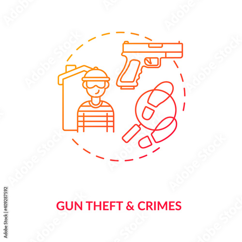 Gun theft and crimes red gradient concept icon. Firearm robbery. Assault with weapon. Criminal record. Gun violence idea thin line illustration. Vector isolated outline RGB color drawing
