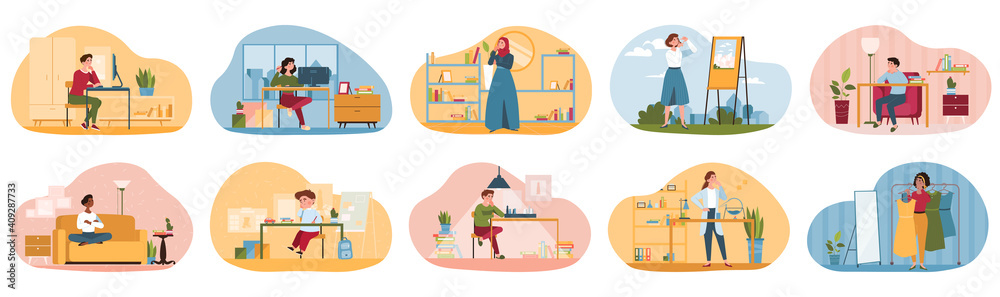 Dreaming or thinking people. Thoughtful young diverse multiracial men and women relaxing indoors and outdoors. Dreamy characters. Set of flat cartoon vector illustrations isolated on white background Dreaming or thinking people. Thoughtful young diverse multiracial men and women relaxing indoors and outdoors. Dreamy characters. Set of flat cartoon vector illustrations isolated on white background