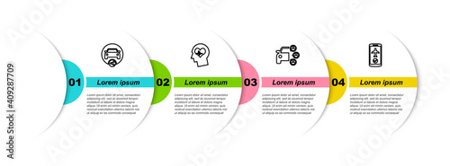 Set line Car sharing, Head with heartbeat, and Flight mode the mobile. Business infographic template. Vector.