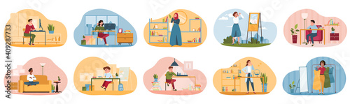 Dreaming or thinking people. Thoughtful young diverse multiracial men and women relaxing indoors and outdoors. Dreamy characters. Set of flat cartoon vector illustrations isolated on white background
