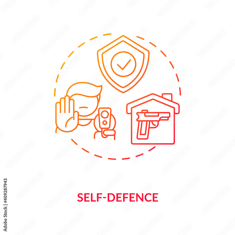 Self defense red gradient concept icon. Civilian with weapon for safety. Firearm to protect private property. Gun control idea thin line illustration. Vector isolated outline RGB color drawing Self defense red gradient concept icon. Civilian with weapon for safety. Firearm to protect private property. Gun control idea thin line illustration. Vector isolated outline RGB color drawing