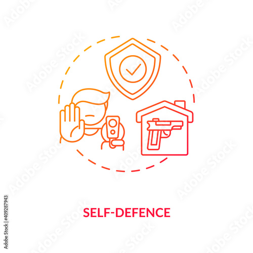 Self defense red gradient concept icon. Civilian with weapon for safety. Firearm to protect private property. Gun control idea thin line illustration. Vector isolated outline RGB color drawing