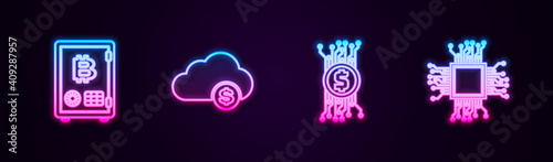 Set line Proof of stake, Cryptocurrency cloud mining, bitcoin circuit and Processor. Glowing neon icon. Vector.