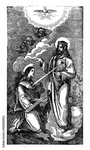 Jesus Christ igniting love in heart of young woman carrying cross. Antique vintage christian religious engraving or drawing illustration.