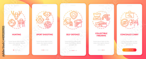 Guns for hobby red onboarding mobile app page screen with concepts. Self defense. Weapon control walkthrough 5 steps graphic instructions. UI vector template with RGB color illustrations