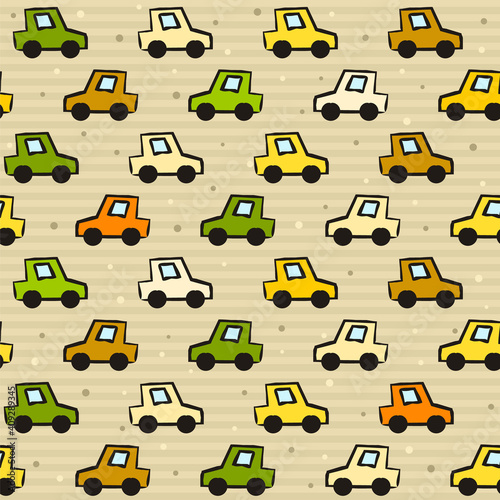 Seamless vector pattern of hand-drawn cars. Striped beige background with multi-colored children's cars and dots. Vector illustration for banner design, web design, covers and backdrops.