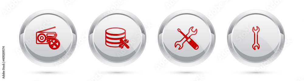 Set line Radio service, Database server, Crossed screwdriver and wrench and Wrench. Silver circle button. Vector. Set line Radio service, Database server, Crossed screwdriver and wrench and Wrench. Silver circle button. Vector.