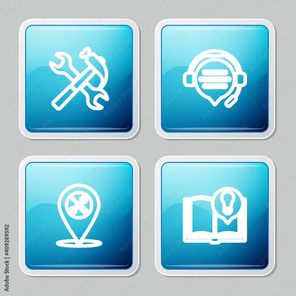 Set line Crossed hammer and wrench, Headphones with speech bubble chat, Location service and Interesting facts icon. Vector. Set line Crossed hammer and wrench, Headphones with speech bubble chat, Location service and Interesting facts icon. Vector.