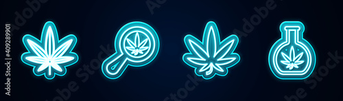 Set line Marijuana or cannabis leaf, Magnifying glass and marijuana, and Test tube with. Glowing neon icon. Vector.