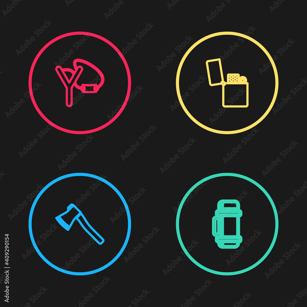 Set line Wooden axe, Thermos container, Lighter and Slingshot icon. Vector. Set line Wooden axe, Thermos container, Lighter and Slingshot icon. Vector.