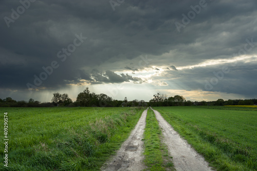 The road in the field and a dark rainy cloud