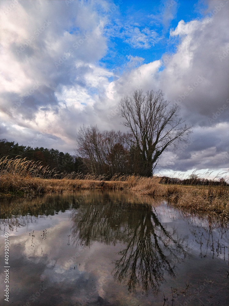 Natur Landschaft mit See Bäumen Büschen Wolken und teilweise Blauem Himmel ohne Menschen