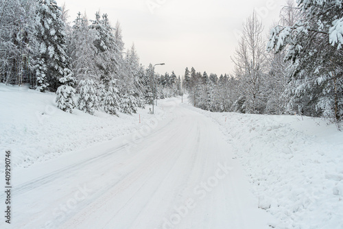 Snowy road. Concept, attention danger on the road