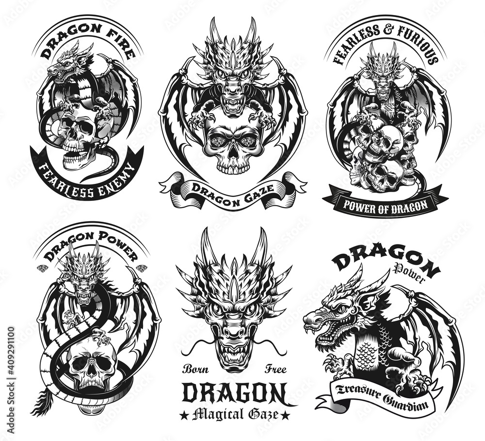 Monochrome Chinese dragon with skull labels vector illustration set. Retro emblems with powerful magical dragon. Mythology and fantastic creature concept can be used for retro template Monochrome Chinese dragon with skull labels vector illustration set. Retro emblems with powerful magical dragon. Mythology and fantastic creature concept can be used for retro template