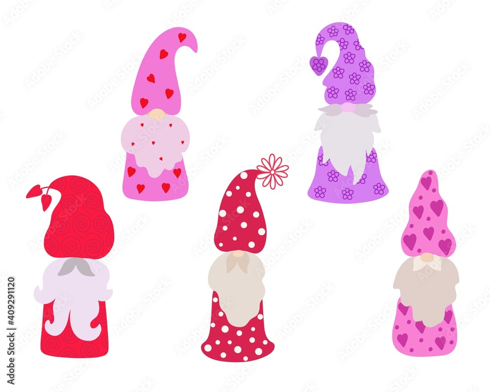 Cute outline gnomes set little fancy creature for St Valentine simple cartoon vector illustration, flat design for love, emotions holiday greeting cards, invitations, banners, romantic fairy tale crea Cute outline gnomes set little fancy creature for St Valentine simple cartoon vector illustration, flat design for love, emotions holiday greeting cards, invitations, banners, romantic fairy tale crea