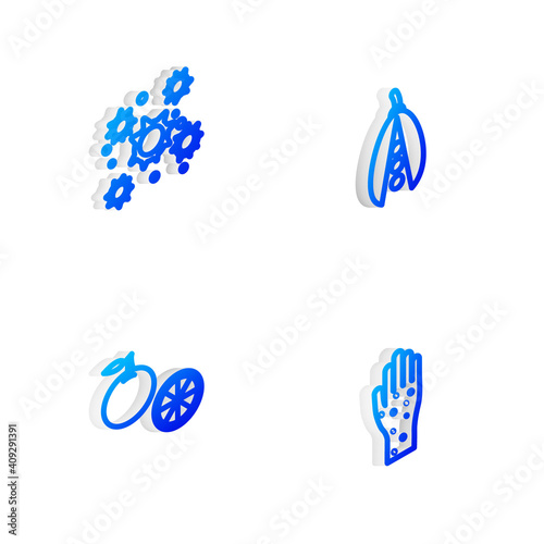 Set Isometric line Kidney beans, Bacteria, Orange fruit and Hand with psoriasis or eczema icon. Vector.