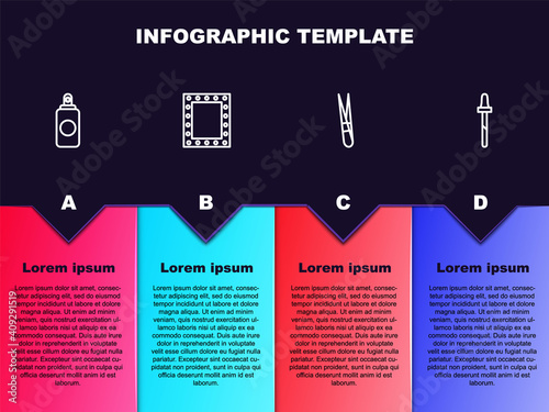 Set line Spray can, Makeup mirror with lights, Eyebrow tweezers and Pipette. Business infographic template. Vector.