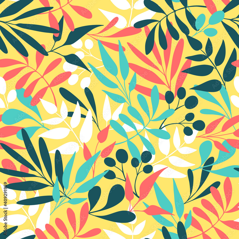 Pattern with exotic leaves. Tropic palms wallpaper from Africa, Brazil, California, Hawaii. Hand drawn design for fabric, textile, clothes, print, cover, banner and wrapping paper. Vector illustration Pattern with exotic leaves. Tropic palms wallpaper from Africa, Brazil, California, Hawaii. Hand drawn design for fabric, textile, clothes, print, cover, banner and wrapping paper. Vector illustration