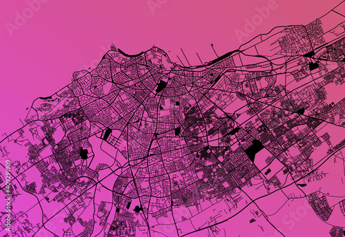 Casablanca, Grand Casablanca, Morocco (MAR) - Urban vector megacity map with parks, rail and roads, highways, minimalist town plan design poster, city center, downtown, transit network