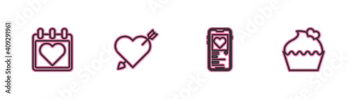 Set line Calendar with heart, Mobile, Amour and arrow and Wedding cake icon. Vector.