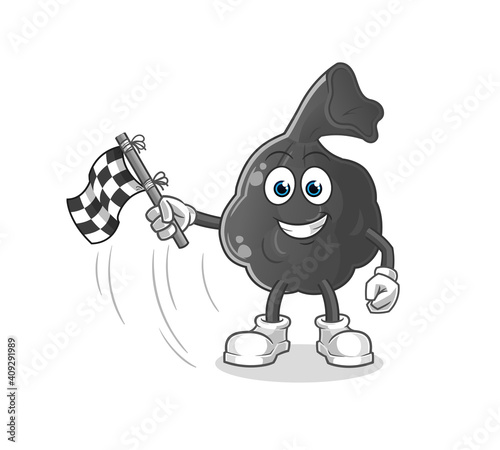 trash bag hold finish flag. cartoon mascot vector