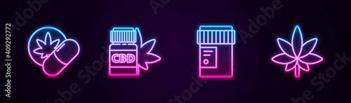 Set line Herbal ecstasy tablets, Medical bottle with marijuana, cannabis and Marijuana or leaf. Glowing neon icon. Vector.