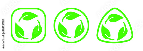 Biodegradable recyclable plastic free package icon set. Vector bio recycling degradable label or logo template.