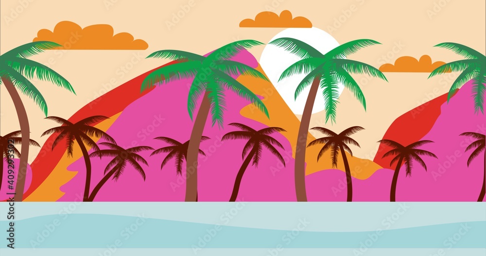 Tropical island Cartoon background during summer sunset with palms. Empty beach without people. Flat design