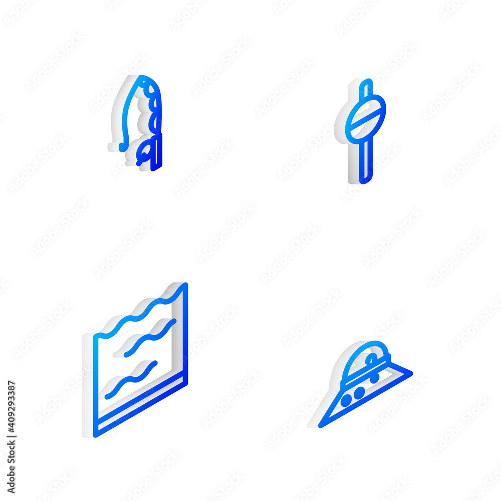 Set Isometric line Fishing float, rod, Aquarium and Fisherman hat icon. Vector. Set Isometric line Fishing float, rod, Aquarium and Fisherman hat icon. Vector.