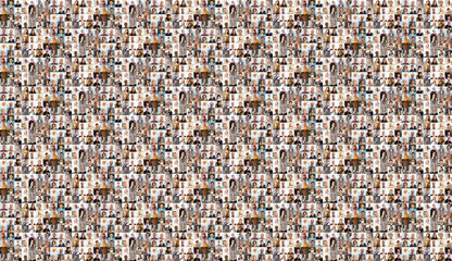 Hundreds of multiracial people crowd portraits headshots collection, collage mosaic. Many lot of multicultural different male and female smiling faces looking at camera. Diversity and society concept